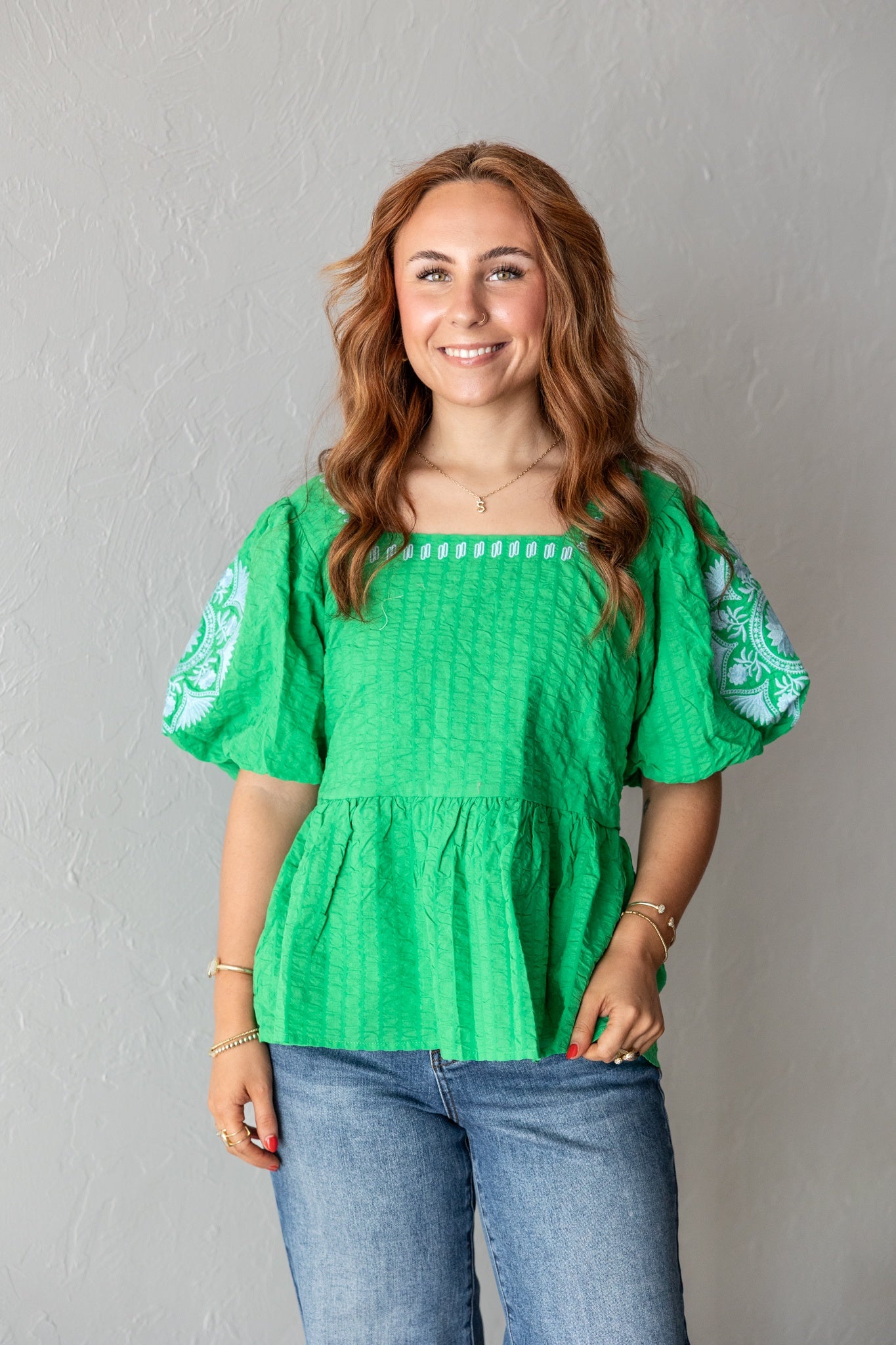 Green Square Neck Puff Sleeve Top