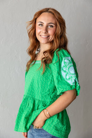 Green Square Neck Puff Sleeve Top