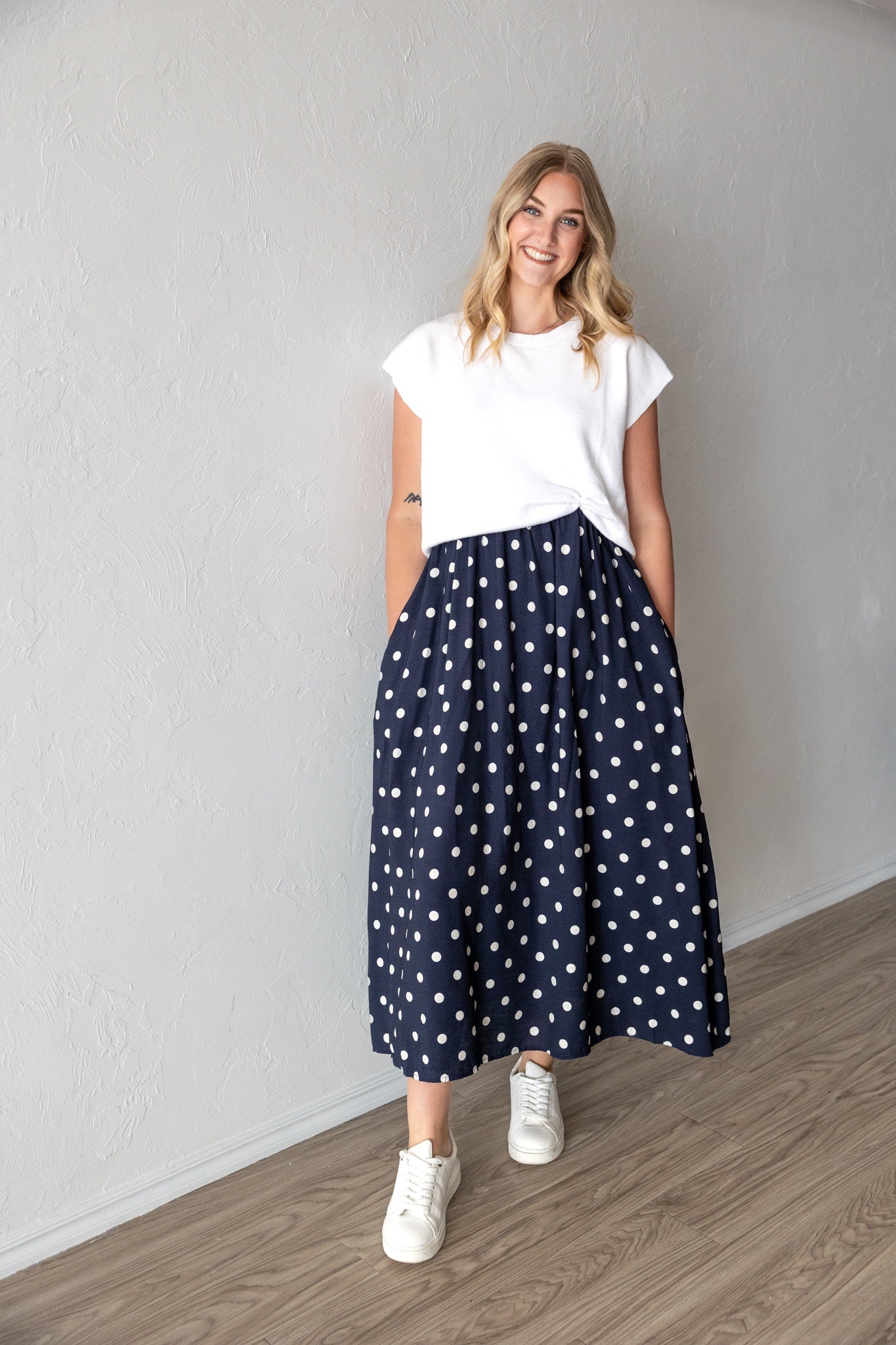 Polka Dot Midi Dress With Removable Sweater Navy