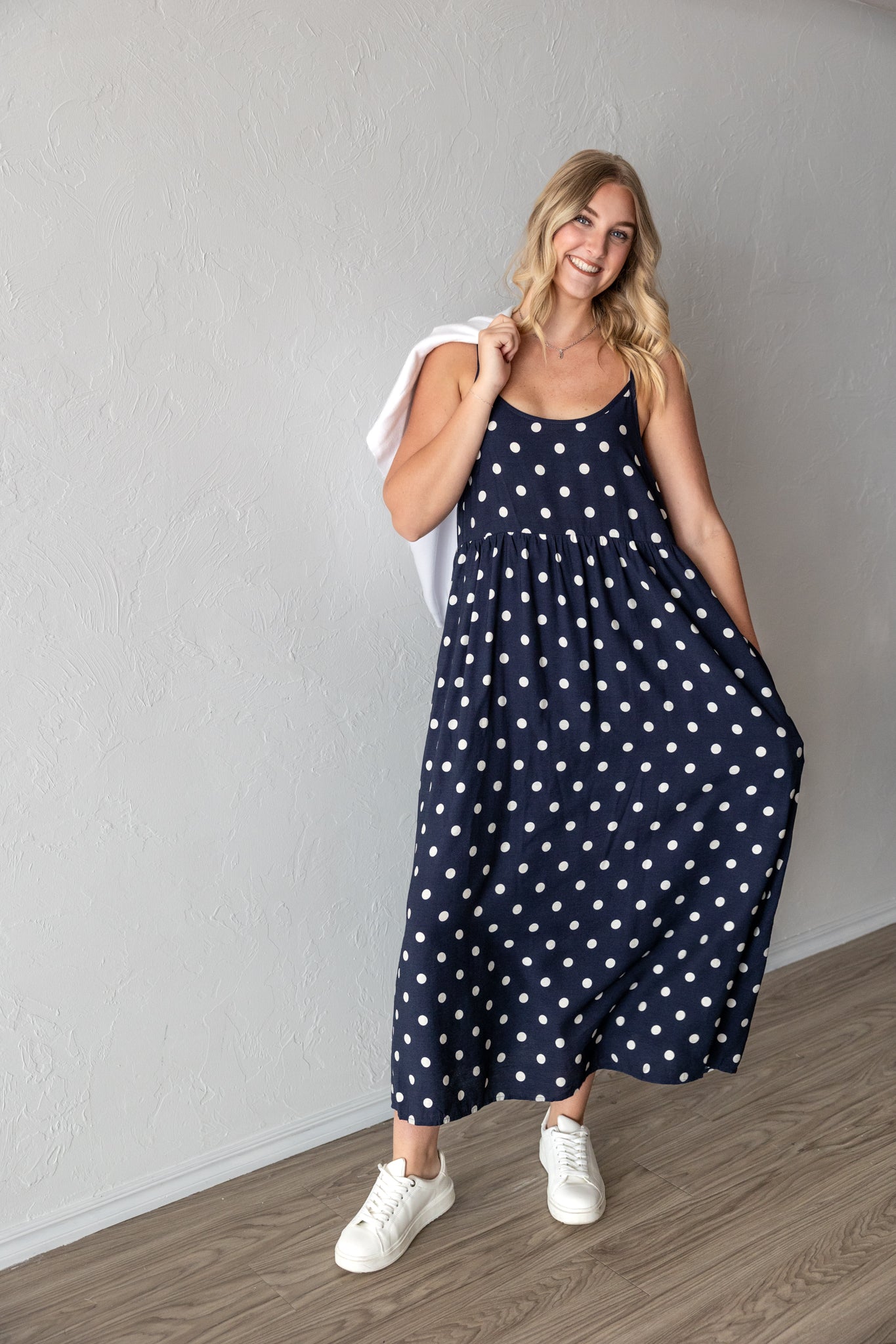 Polka Dot Midi Dress With Removable Sweater Navy Small