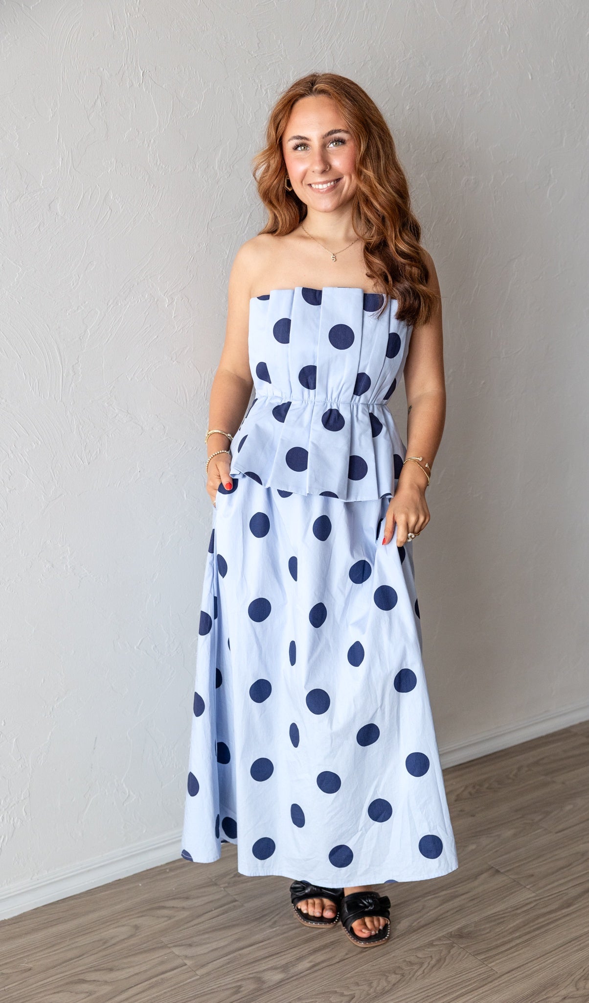 Strapless Blue Polka Dot Midi Dress
