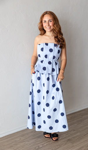 Strapless Blue Polka Dot Midi Dress