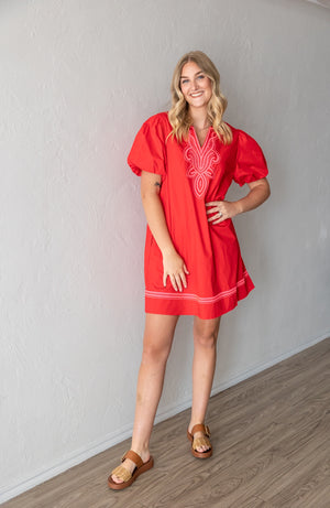 Tomato Red Dress With Pink Embroidery Neckline