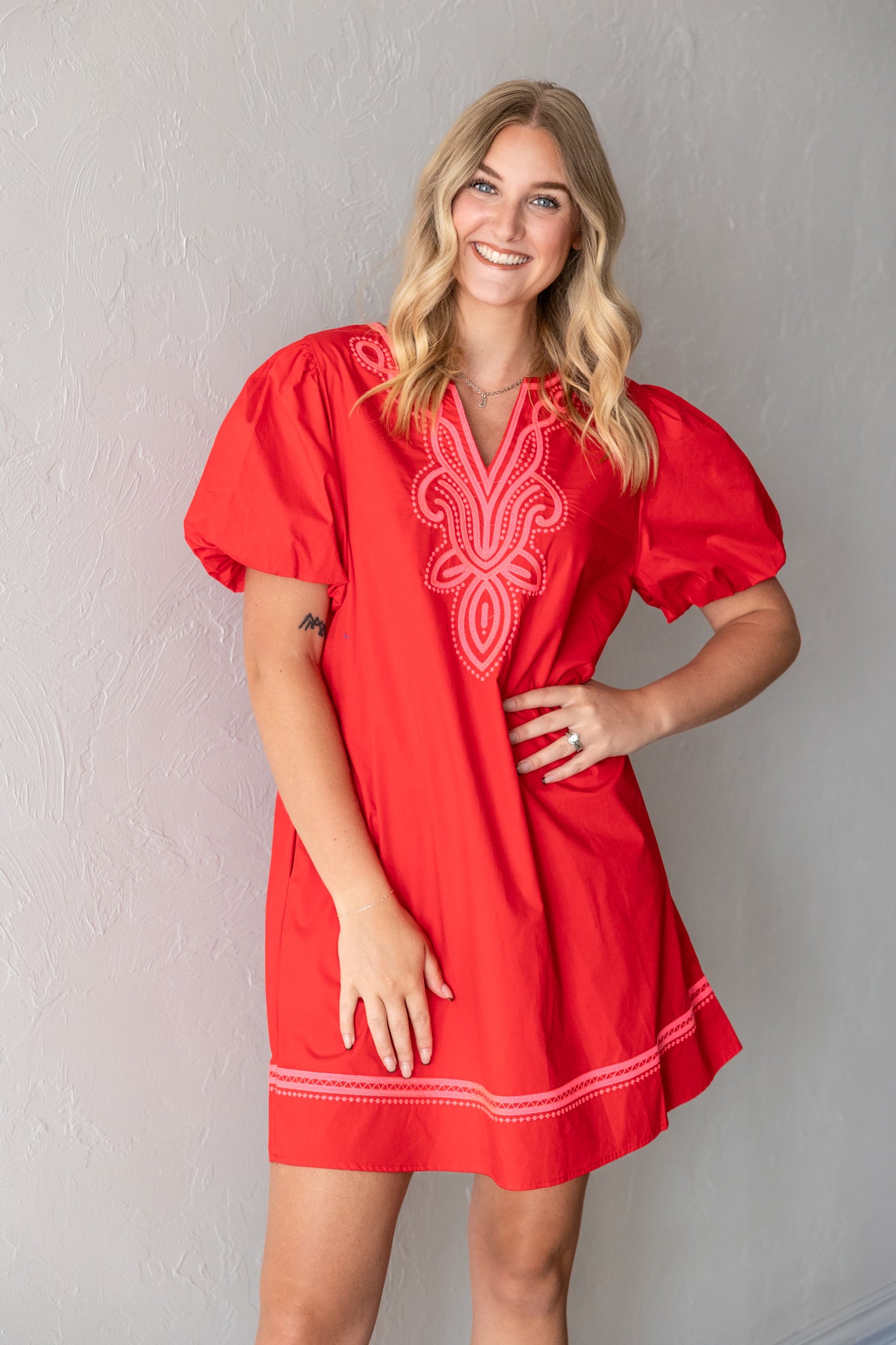 Tomato Red Dress With Pink Embroidery Neckline