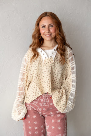 V Neck Balloon Sleeve Floral Lace Top
