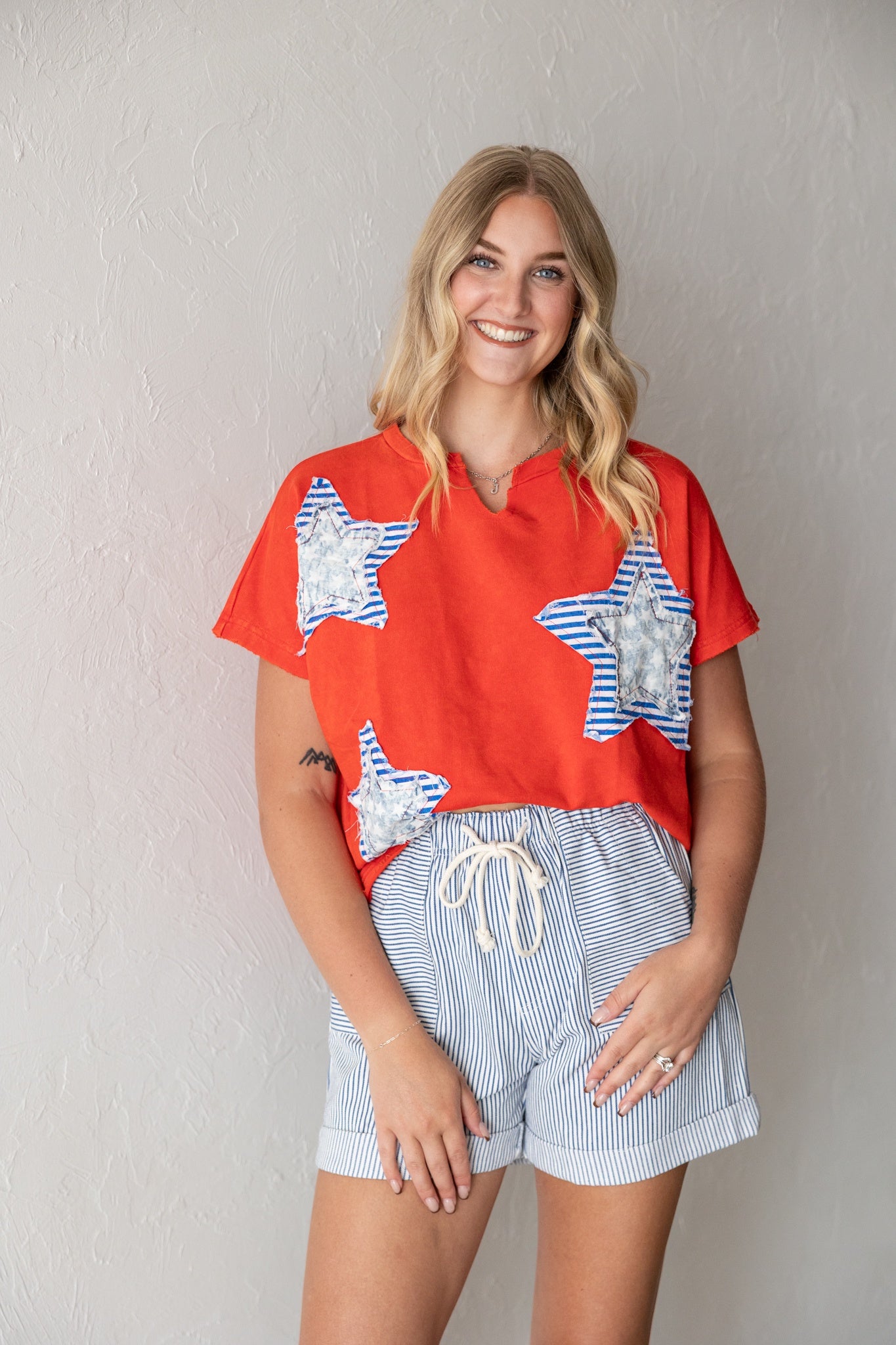 Mineral Washed Star Patch Knit Top Red