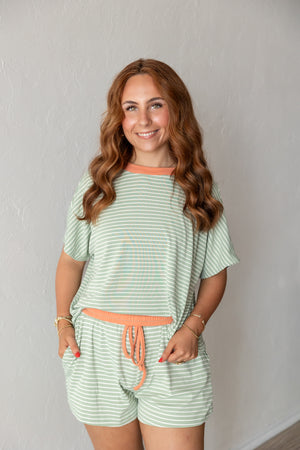 Loose Fit Stripe Knit Top & Short Set Pistachio/Salmon
