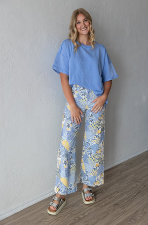 Patchwork Wide Leg Denim Pants Blue Multi