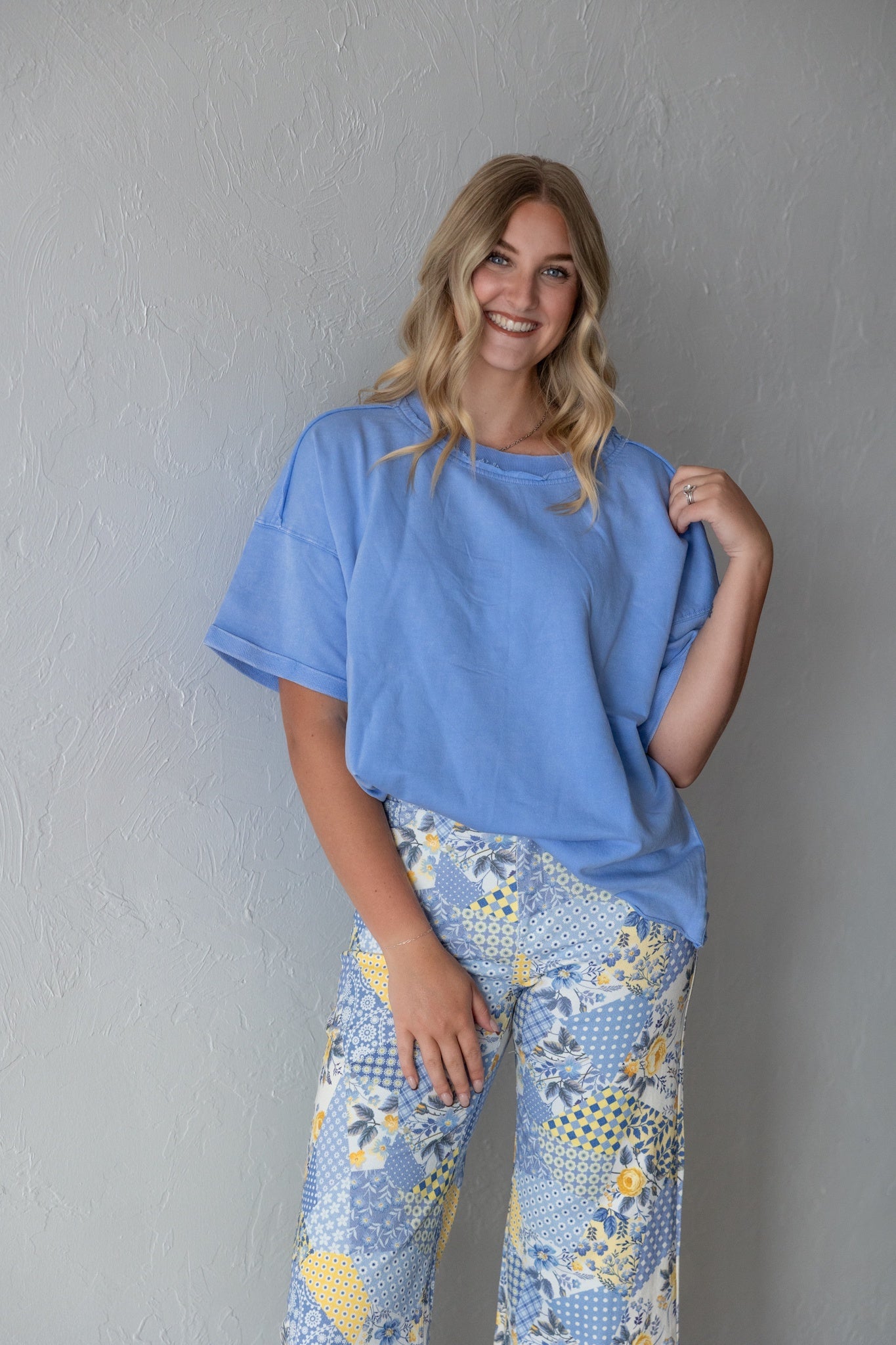 French Terry Acid Washed Tee Shirts Cornflower