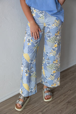 Patchwork Wide Leg Denim Pants Blue Multi