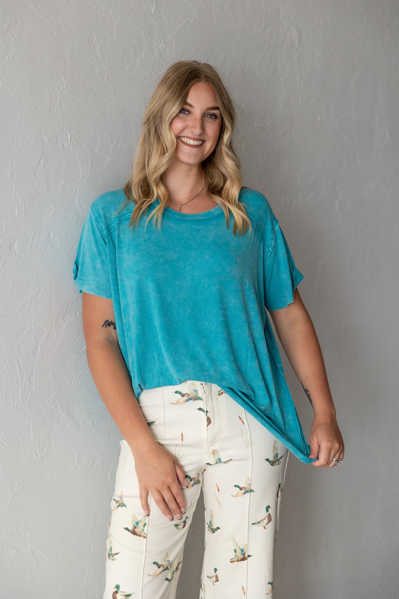 Washed Ribbed Short Sleeve Boat Neck Top Teal