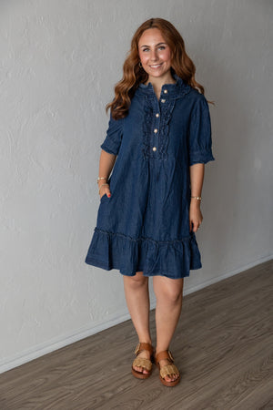 Relaxed Fit Denim Dress With Pearl Buttons