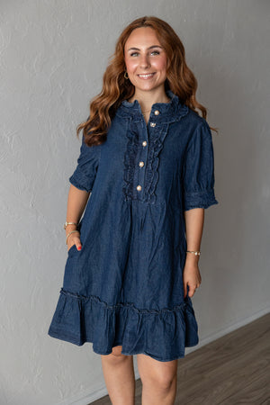 Relaxed Fit Denim Dress With Pearl Buttons