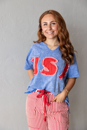 Mineral Washed USA Patch Knit Top Blue