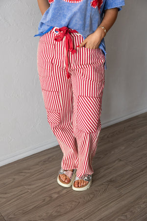 Rope Me In Relaxed Fit Stripe Pants Red