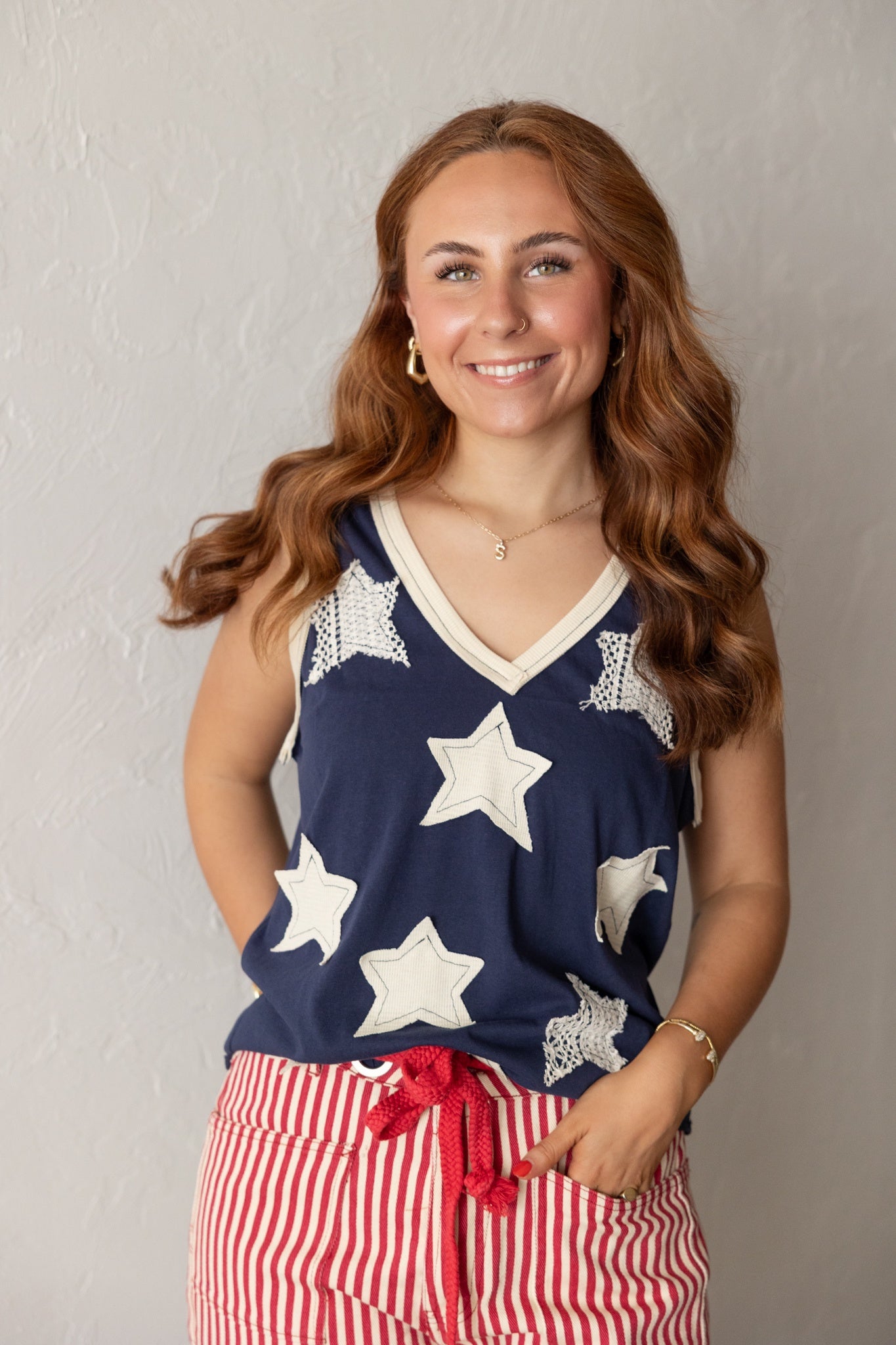 V Neck Sleeveless Top With Stars Blue