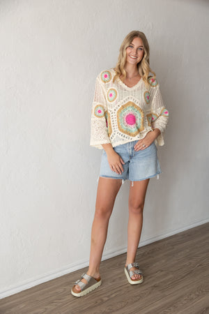 Open Weave Crochet Pullover Multi Color
