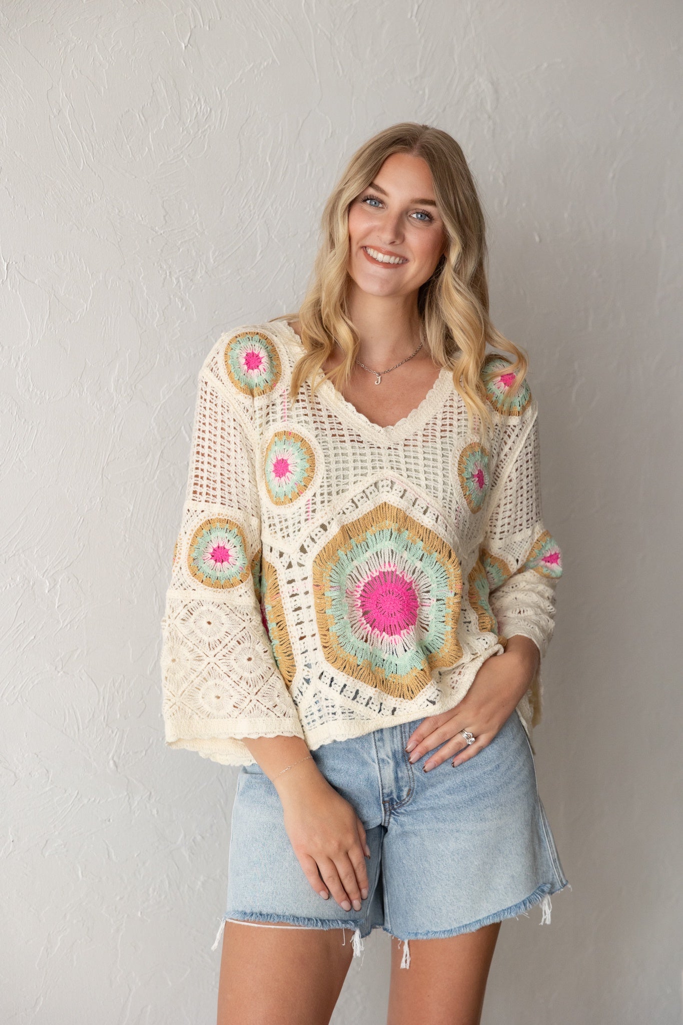 Open Weave Crochet Pullover Multi Color