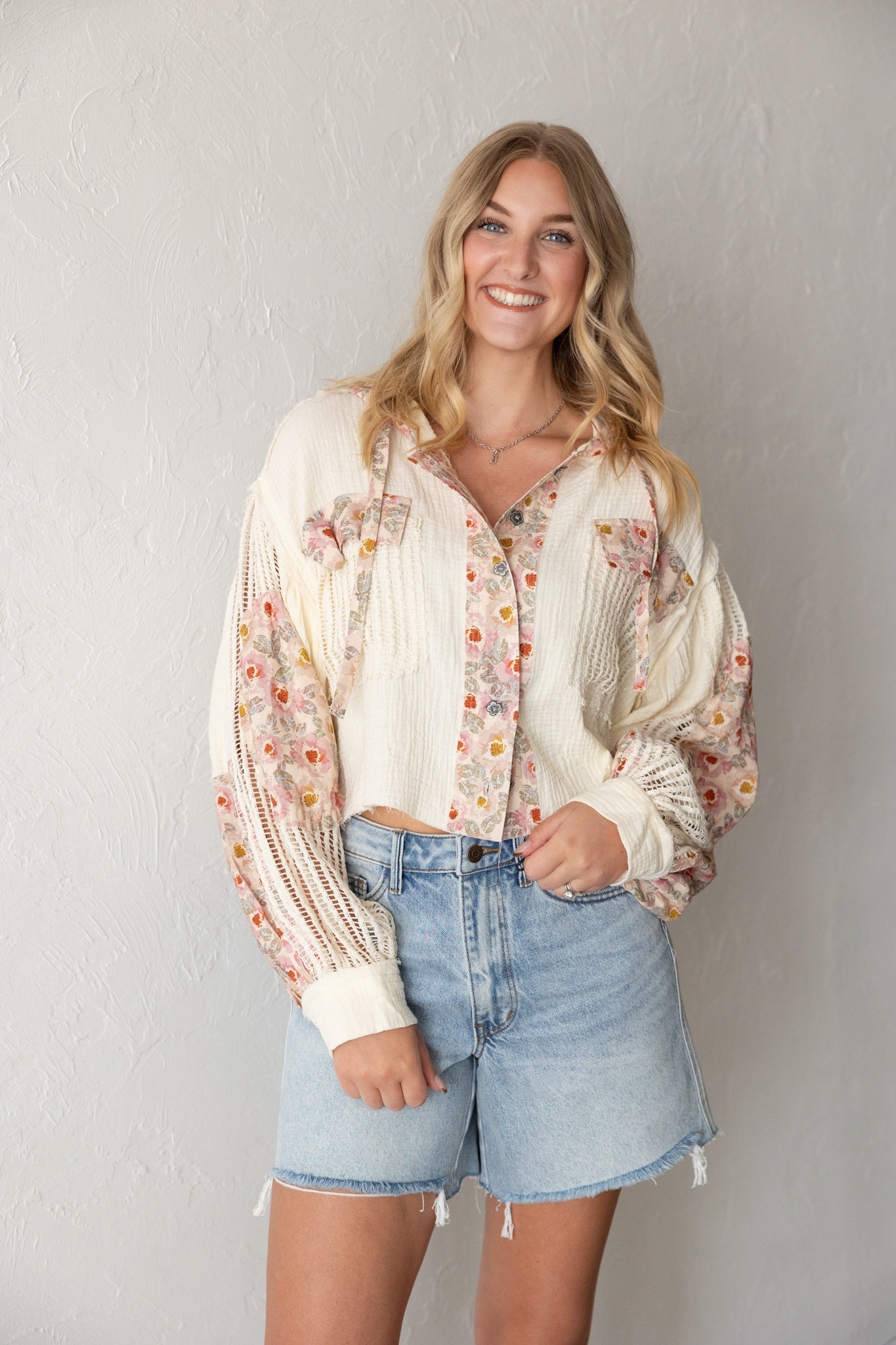 Placket Jacket Cropped Fit Floral Pattern