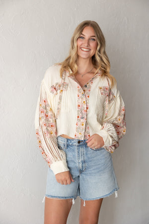 Placket Jacket Cropped Fit Floral Pattern