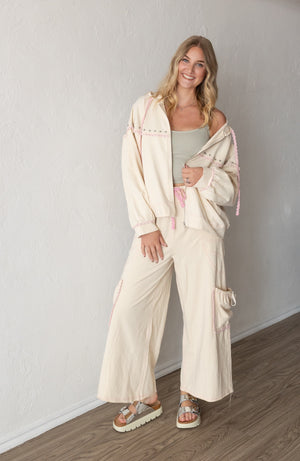 Straight Fit Pants French Terry Lace Trim/Studs