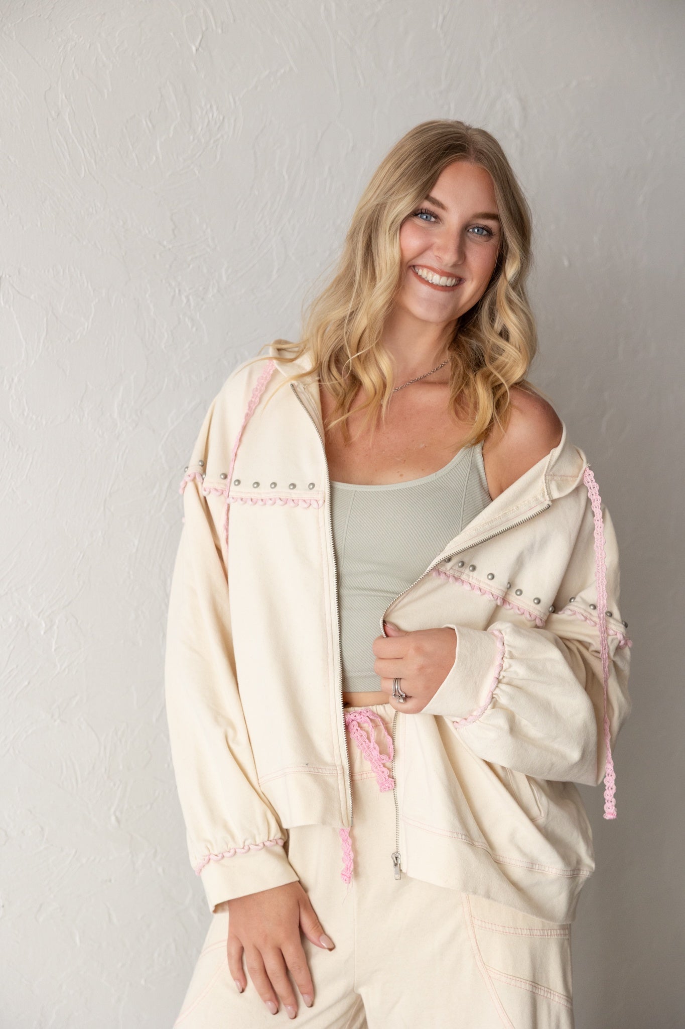 Natural Zip Hoodie With Pink Trim POL