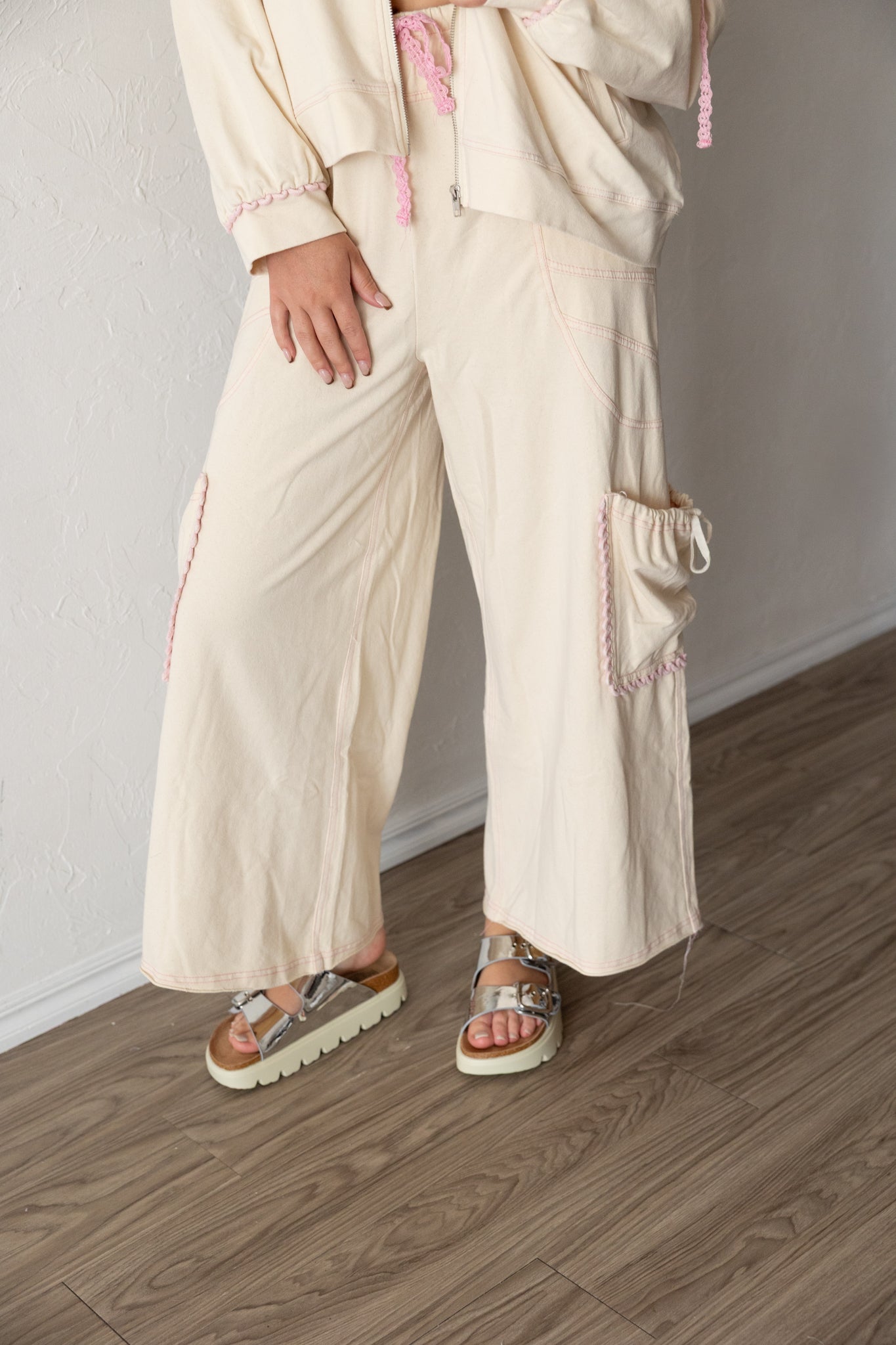 Straight Fit Pants French Terry Lace Trim/Studs