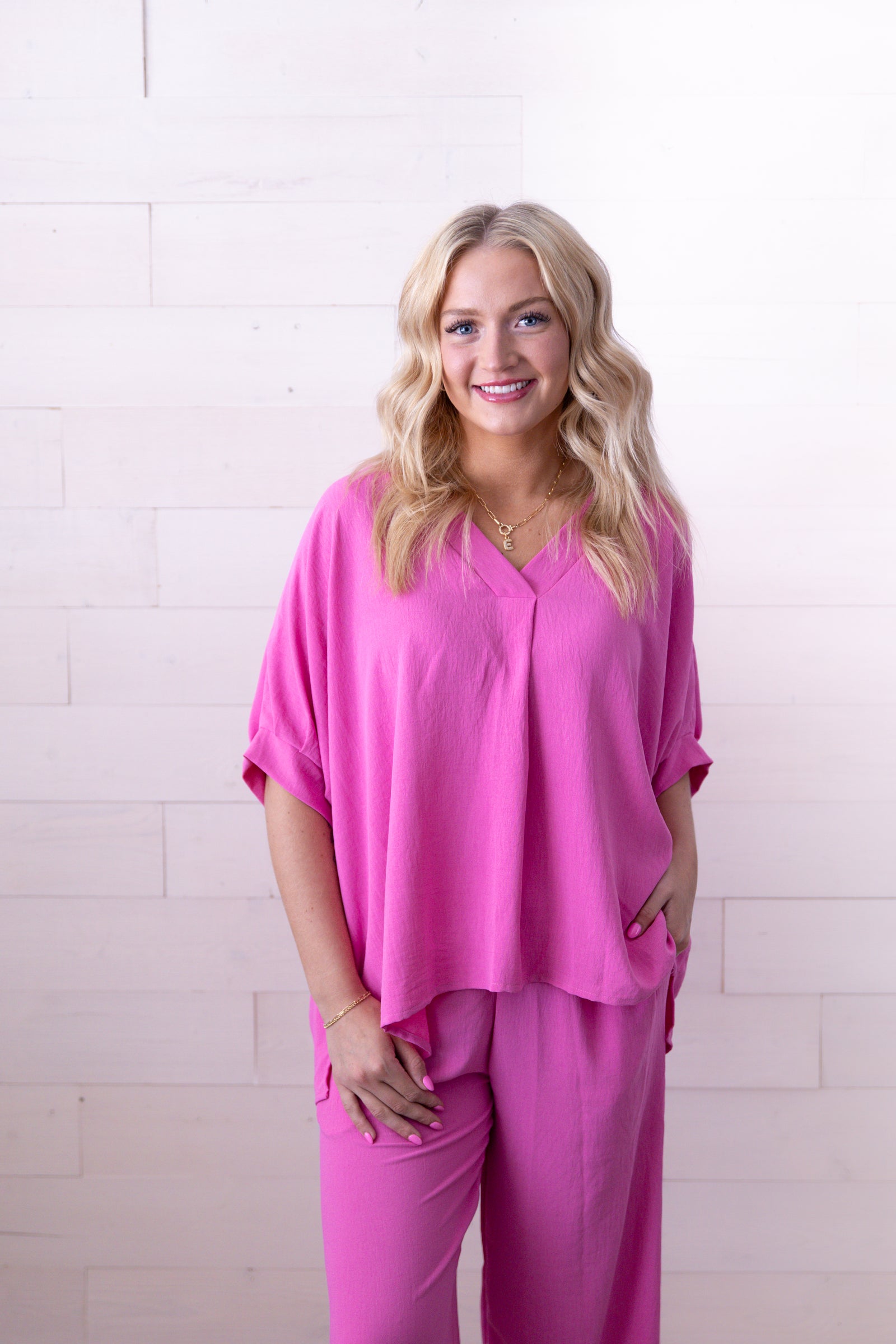 Devoted To You V Neck Top Fuchsia