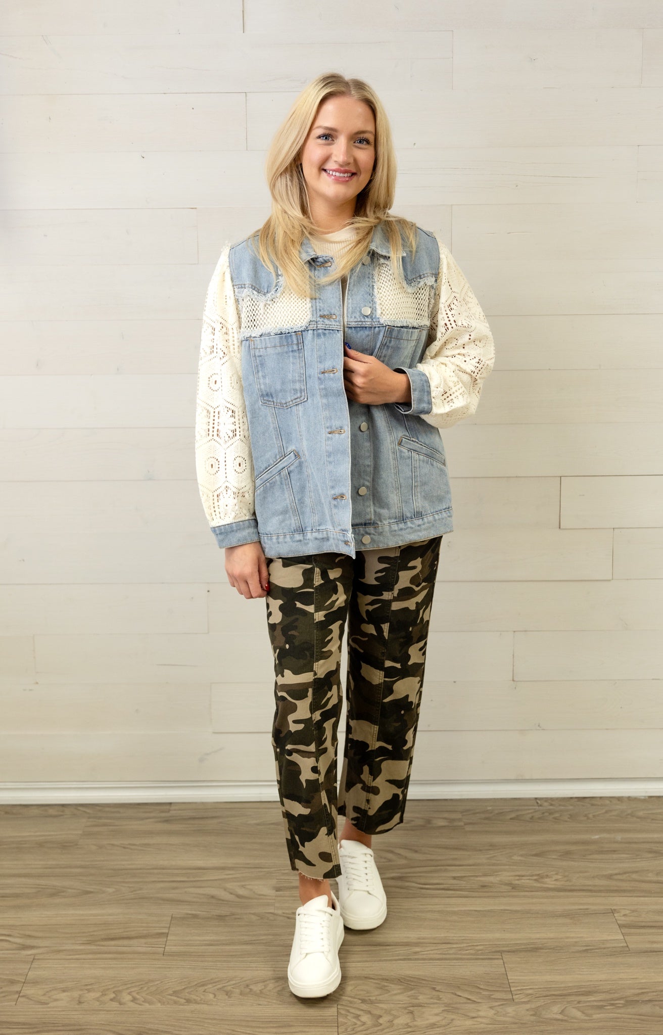 Denim Jacket with Cream Crochet Sleeves