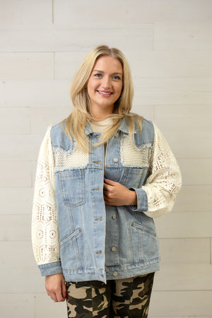Denim Jacket with Cream Crochet Sleeves