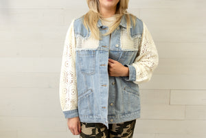 Denim Jacket with Cream Crochet Sleeves