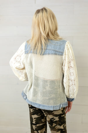 Denim Jacket with Cream Crochet Sleeves