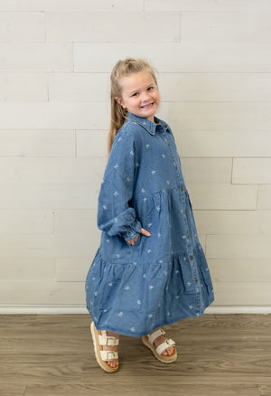 Denim Bow Printed Buttoned Denim Dress
