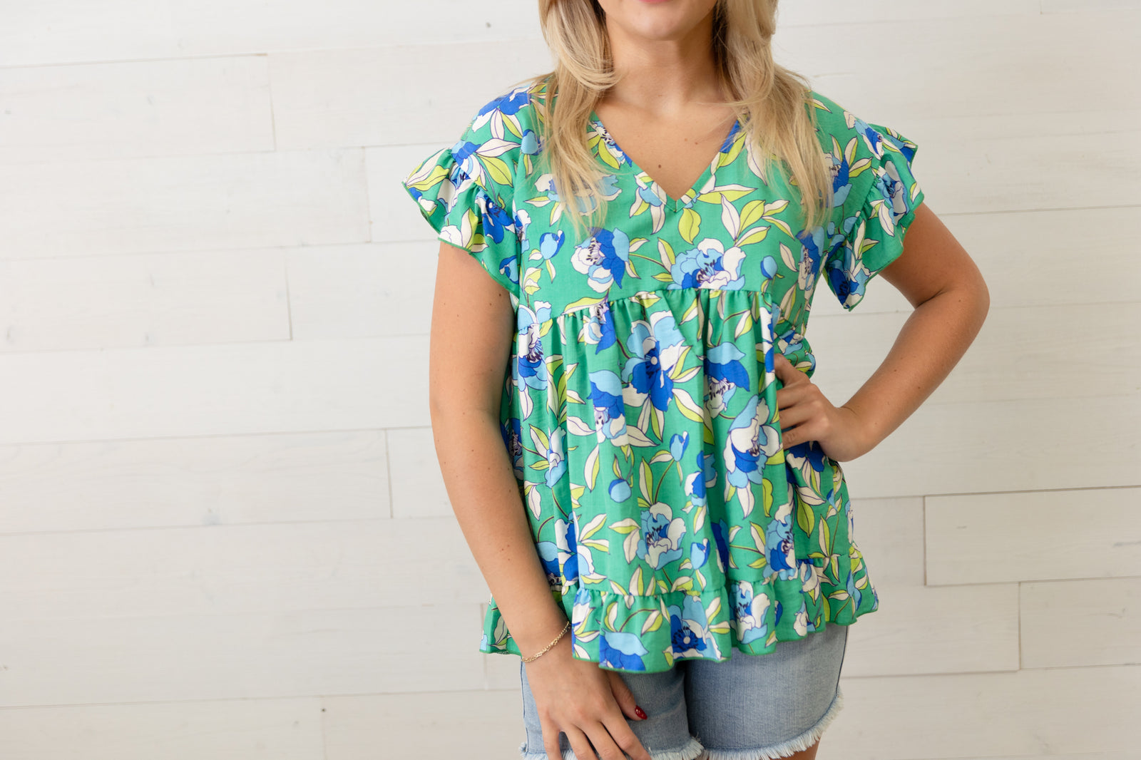 Donnas Floral Print Top Kelly Green