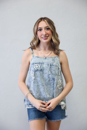 Square Neck Sleeveless Denim & Lace Top
