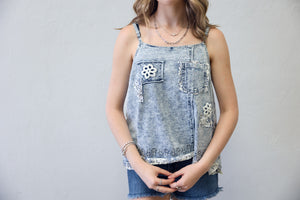 Square Neck Sleeveless Denim & Lace Top