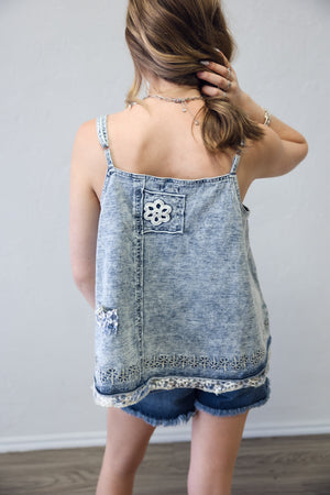 Square Neck Sleeveless Denim & Lace Top