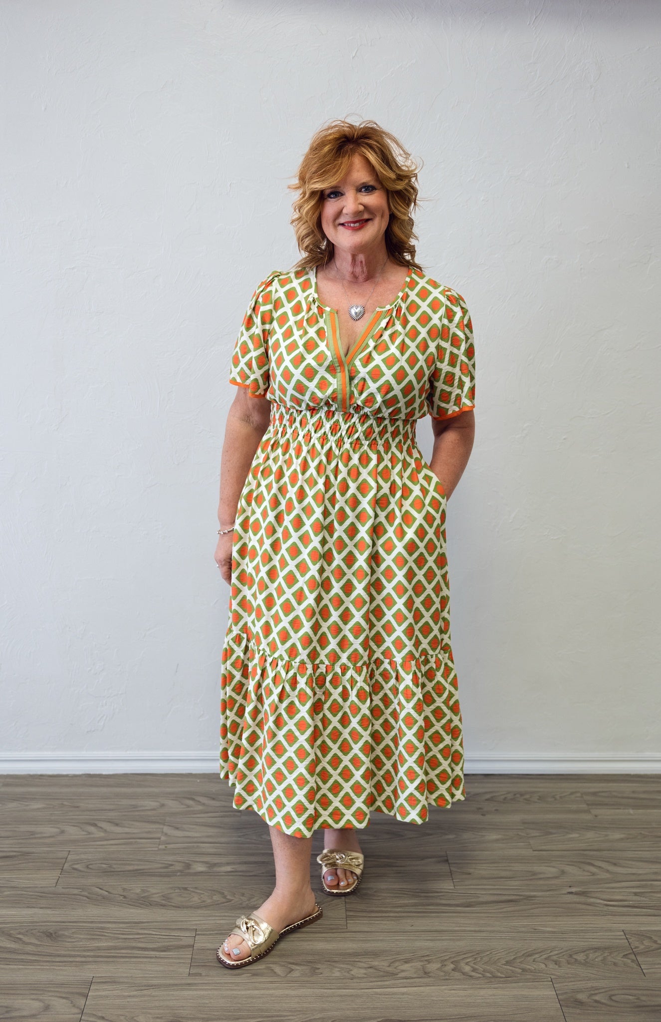 Geo Print Midi Dress with Smocked Waistline Green & Orange