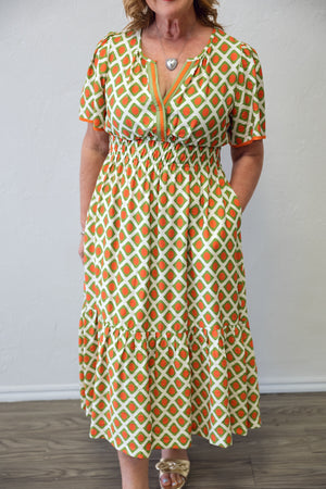 Geo Print Midi Dress with Smocked Waistline Green & Orange