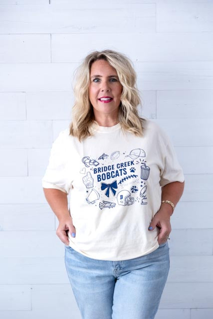Bridge Creek Bobcats Football Doodle Graphic Tee Ivory
