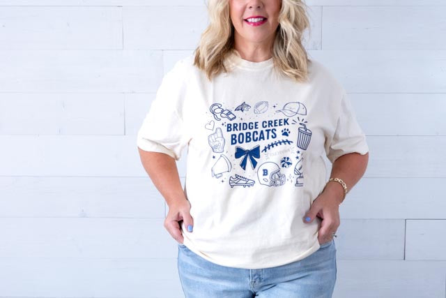 Bridge Creek Bobcats Football Doodle Graphic Tee Ivory