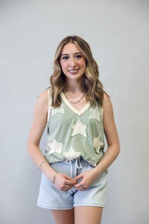 V Neck Sleeveless Top With Stars Dusty Olive