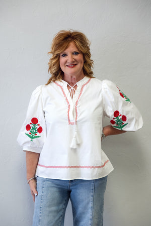 Bohemian Style Blouse Featuring Intricate Embroidery White