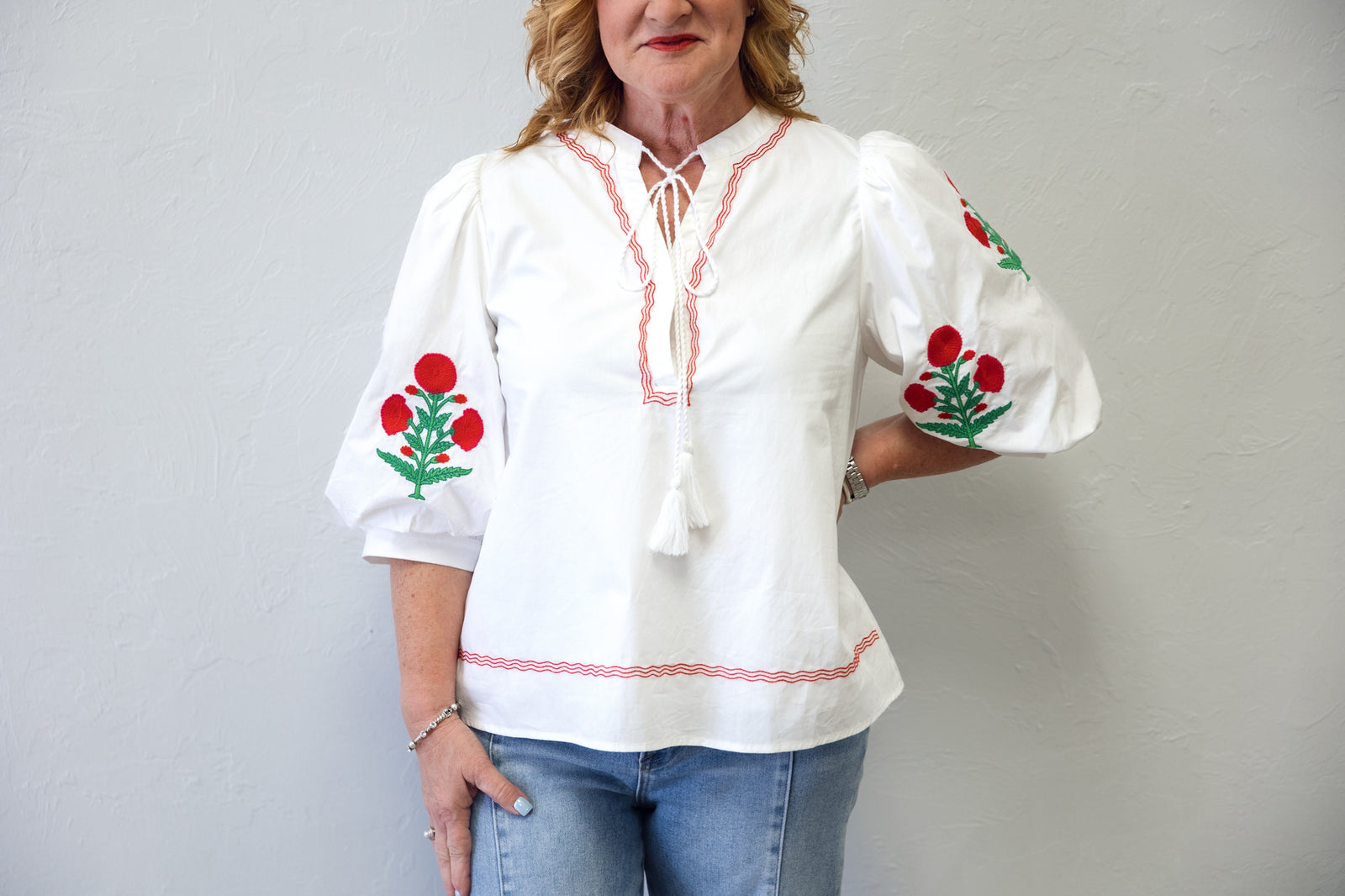 Bohemian Style Blouse Featuring Intricate Embroidery White