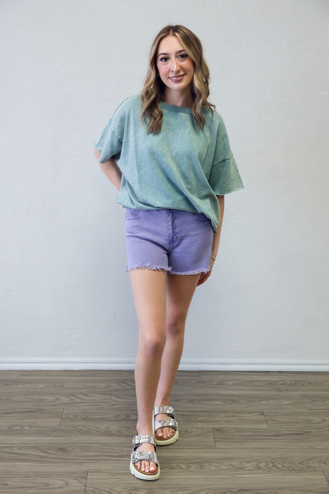 Washed Fray Cut Off Hem Shorts Lavender