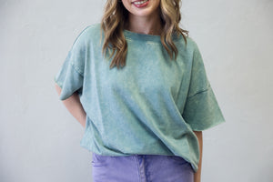 Acid Wash French Terry Raw Edge Top Ash Blue