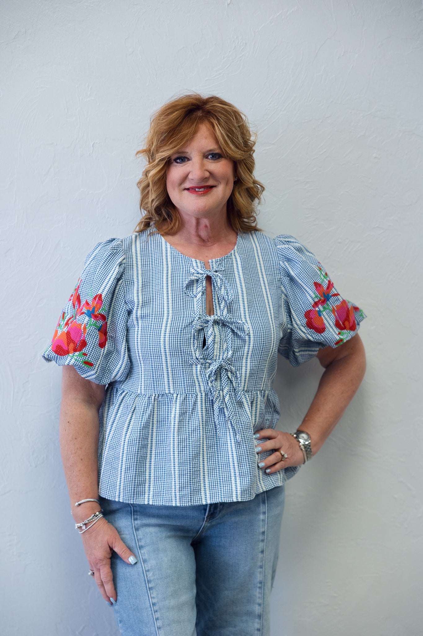 Blue & White Check Top With Tie Front