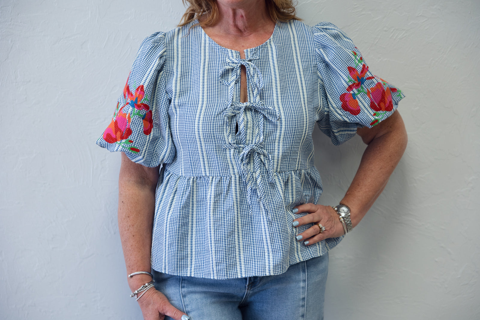 Blue & White Check Top With Tie Front