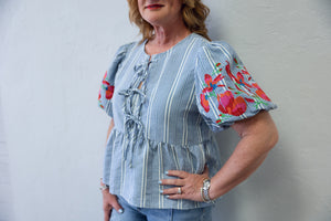 Blue & White Check Top With Tie Front