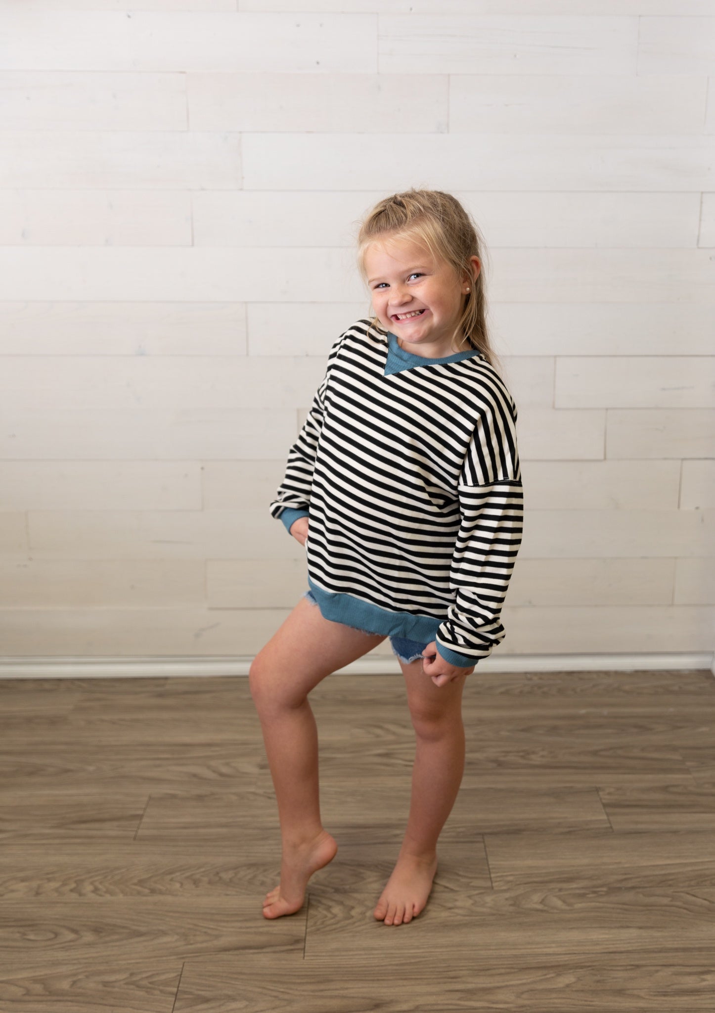 Contrast Banded Detail Ribbed Stripe Top Black